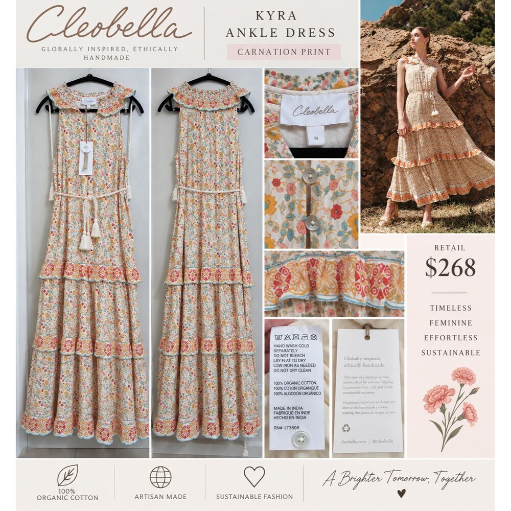 Cleobella Kyra Ankle Dress M Carnation Floral Organic Cotton Boho NWT $268